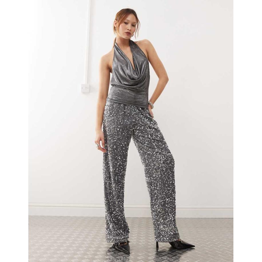 Noisy May Broek met wijde pijpen en lovertjes in zilver Zilver