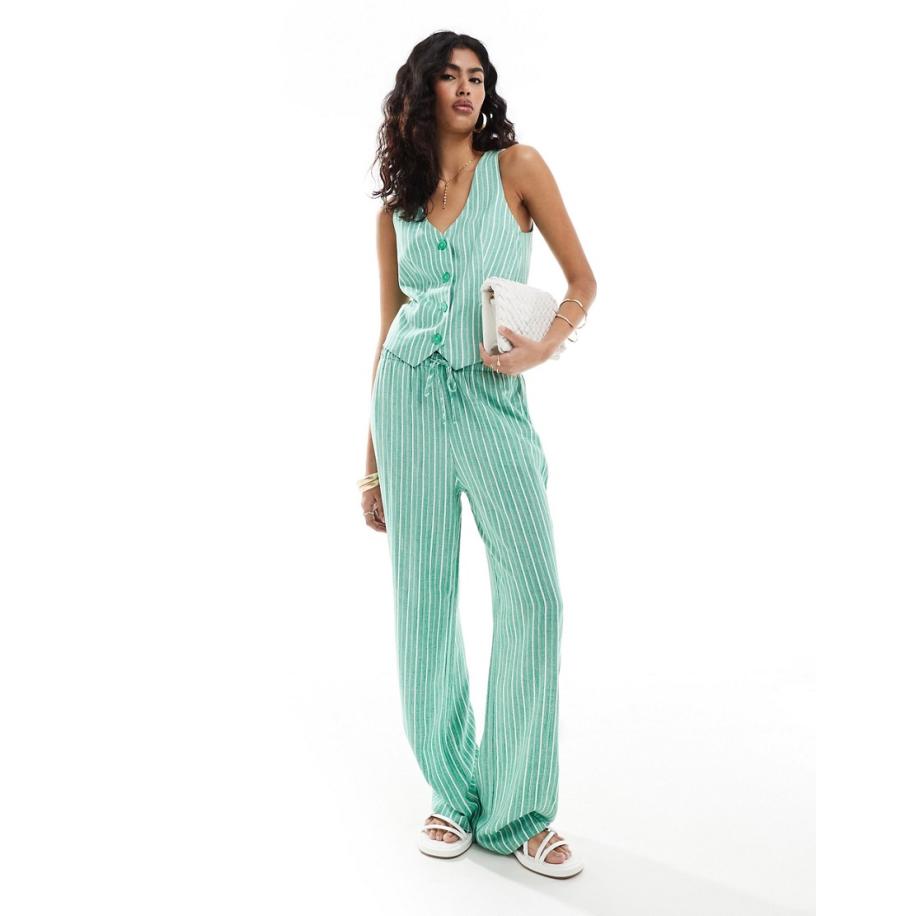 Stradivarius Broek met elastische taille, linnen-look en groene strepen, deel van co-ord set Groen