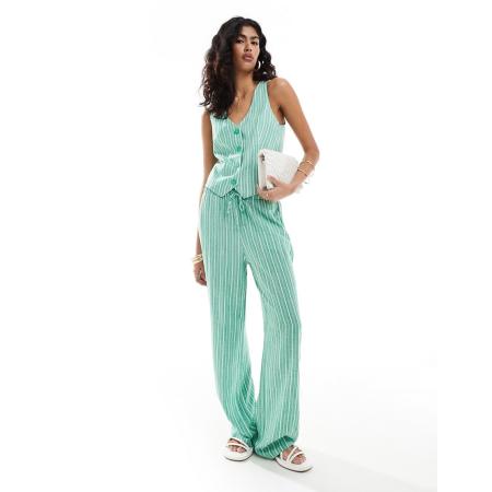 Stradivarius Broek met elastische taille, linnen-look en groene strepen, deel van co-ord set