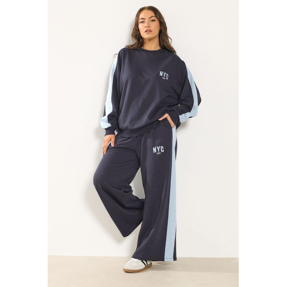 Yours Marineblauwe 'Nyc' Joggingbroek Met Zijstreep En Wijde Pijpen Size 48 Blauw