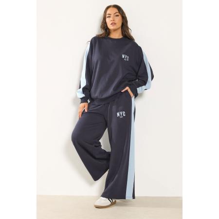 Yours Marineblauwe 'Nyc' Joggingbroek Met Zijstreep En Wijde Pijpen Size 48