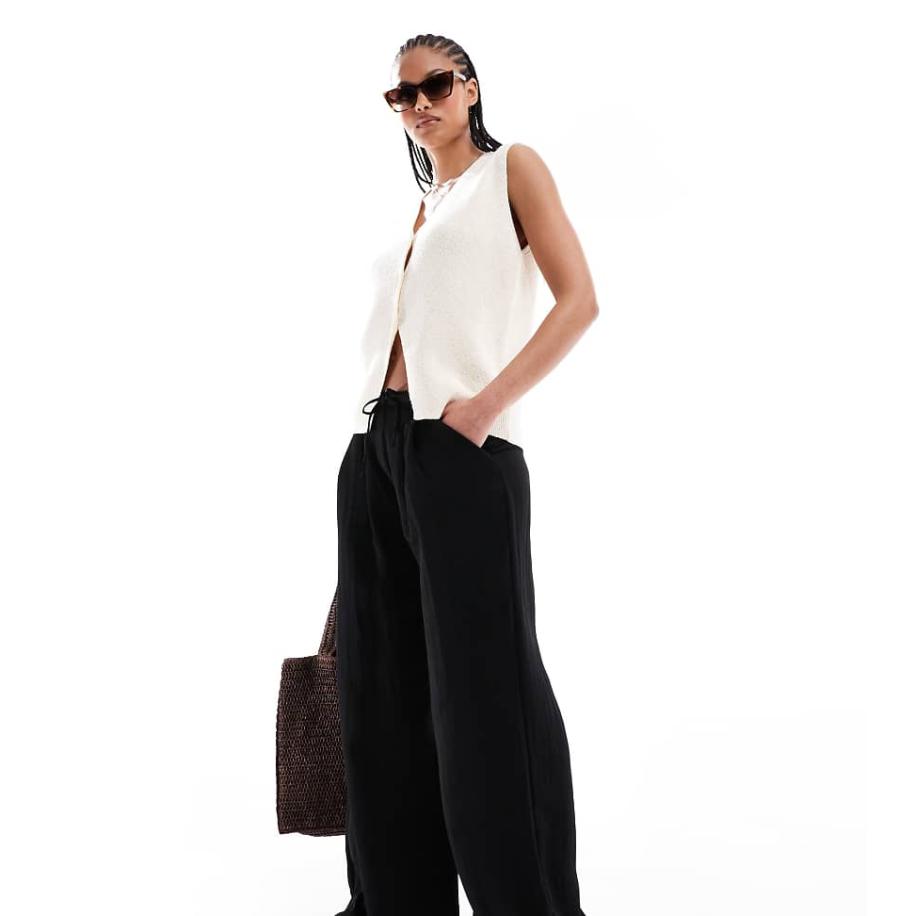 Stradivarius Tall Broek met wijde pijpen en elastische taille in zwart Zwart