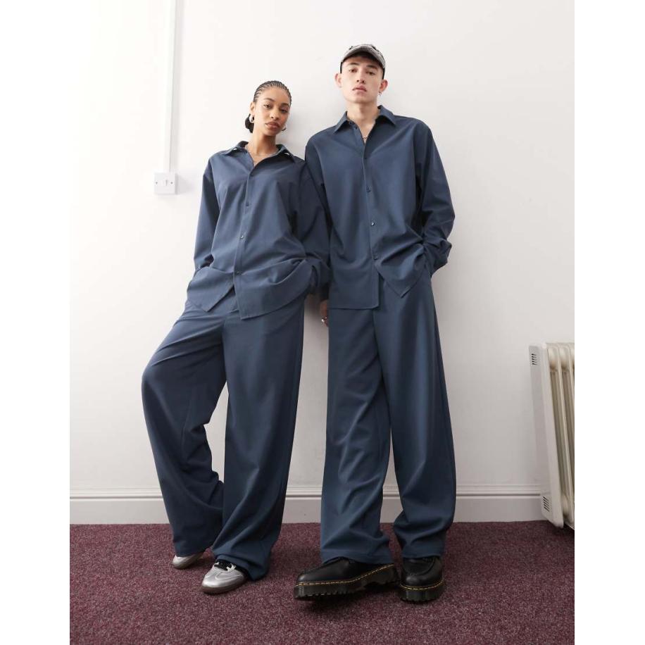 Reclaimed Vintage Unisex pantalon met wijde pijpen in marineblauw, deel van co-ord set Blauw