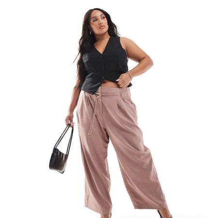 ASOS DESIGN Curve Elegante broek met wijde ronde pijpen en gestrikte taille in roze