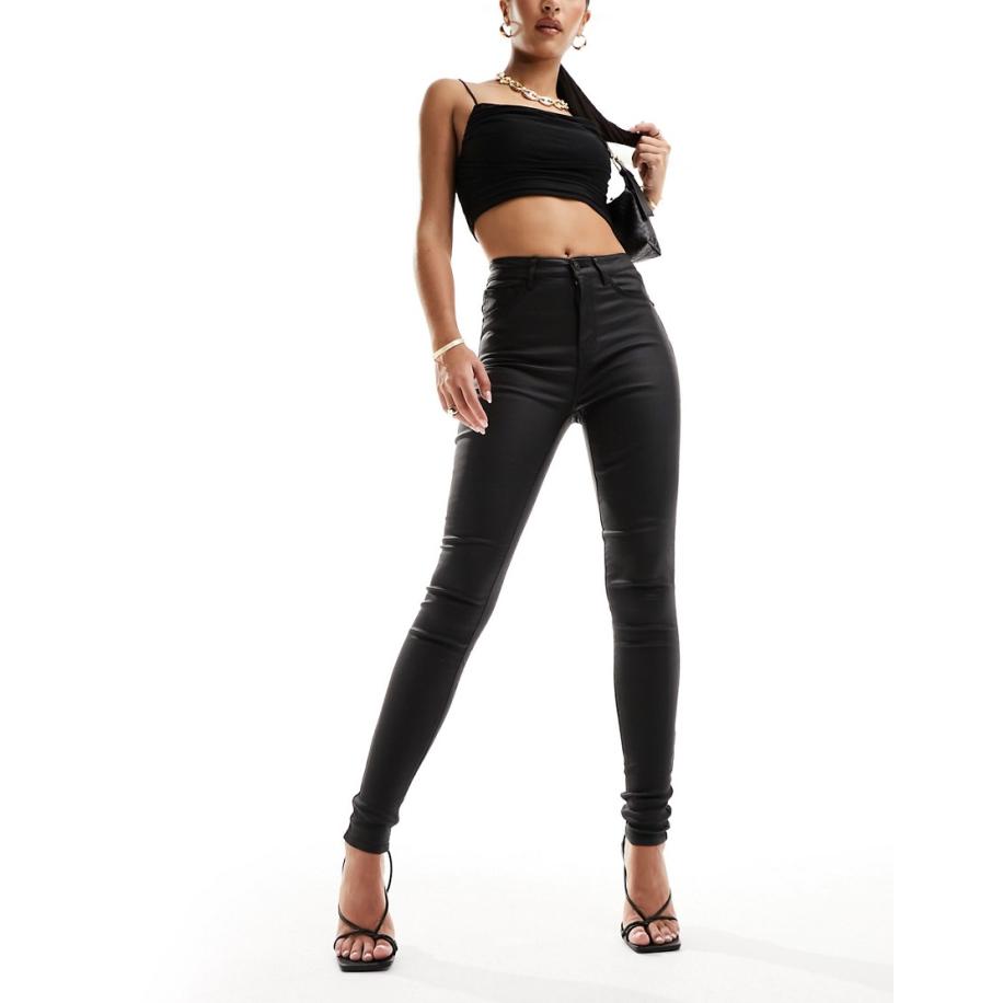 JDY Skinny jeans met hoge taille en coating in zwart Zwart