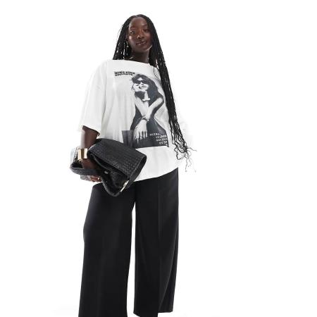 Yours Geweven broek met wijde pijpen en elastische taille in zwart