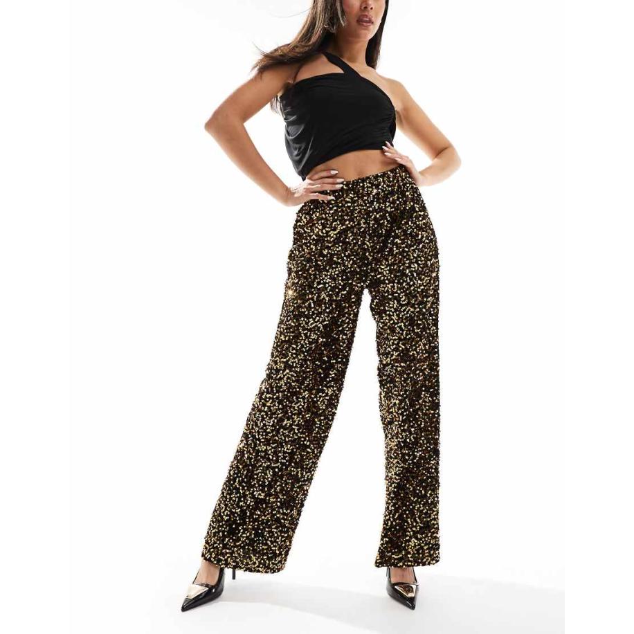 ASOS DESIGN Fluwelen broek met pailletten en elastische taille in goud-Zwart Zwart