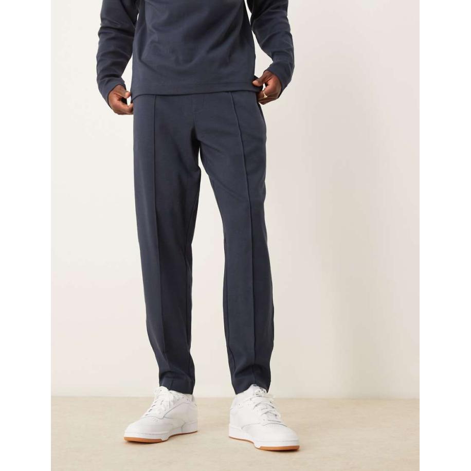 New Look - Jersey broek met platgestikte plooitjes in marineblauw, deel van co-ord set Blauw