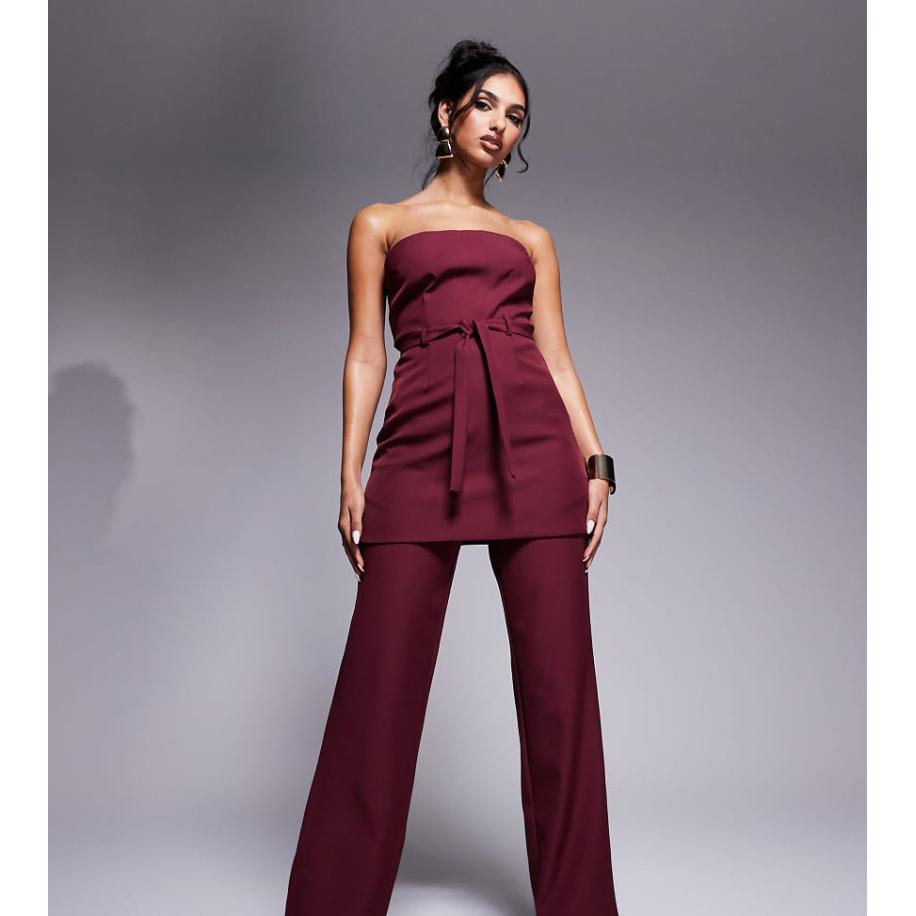 Kaiia Exclusives Elegante broek met wijde pijpen en gestrikte taille in bordeauxrood, deel van co-ord set Rood