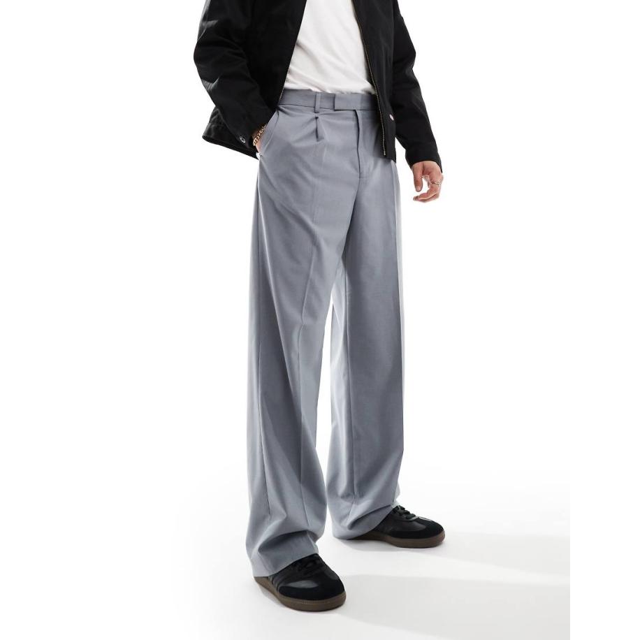 ASOS DESIGN - Nette broek met wijde pijpen en dubbele plooien in middengrijs Grijs