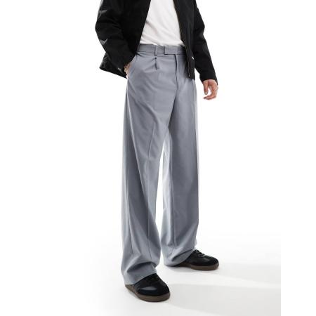 ASOS DESIGN - Nette broek met wijde pijpen en dubbele plooien in middengrijs