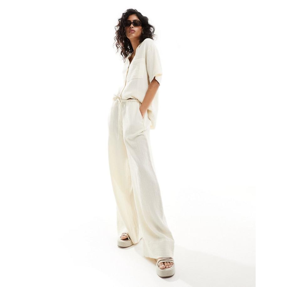 ASOS DESIGN Broek met gestrikte taille van kaasdoek in ecru-Wit Wit