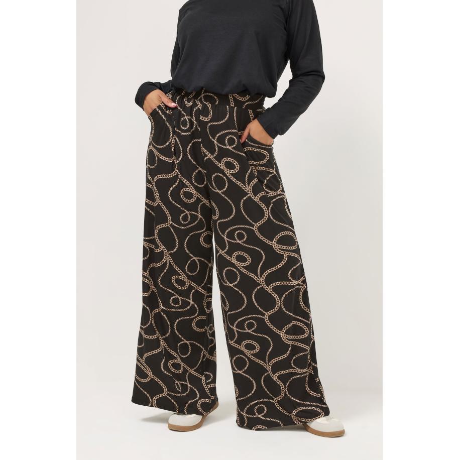 Yours Plus Size Black Chain Print Wide Leg Trousers Size 58-60 Zwart
