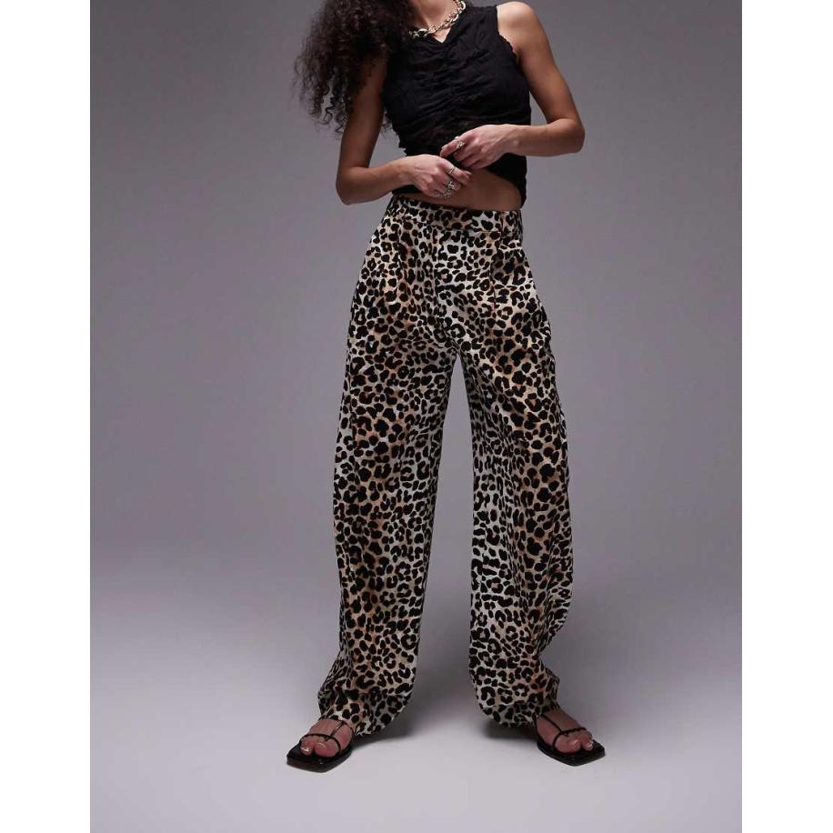 Topshop Geplooide linnen broek met wijde pijpen en luipaardprint in multi-Veelkleurig Multicolor