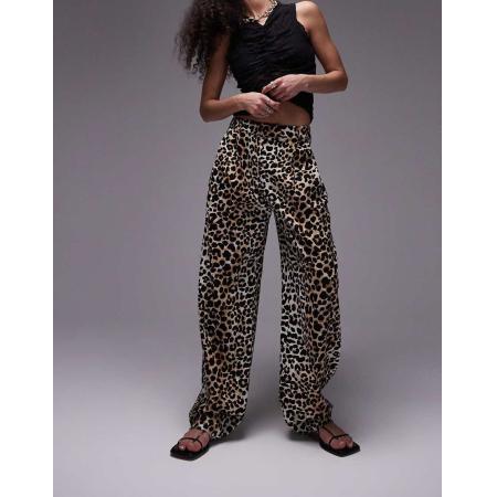 Topshop Geplooide linnen broek met wijde pijpen en luipaardprint in multi-Veelkleurig