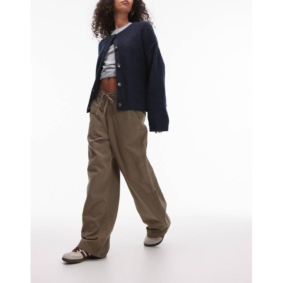 Topshop Broek met elastische gestrikte taille in kaki-Groen Groen