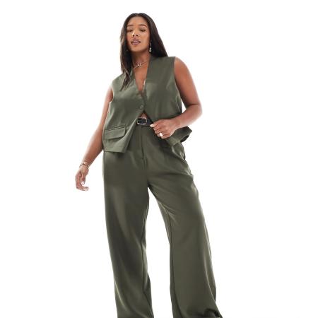 Pieces Curve Elegante broek met multiway knoopjes aan de pijpen in kaki, deel van co-ord set-Groen