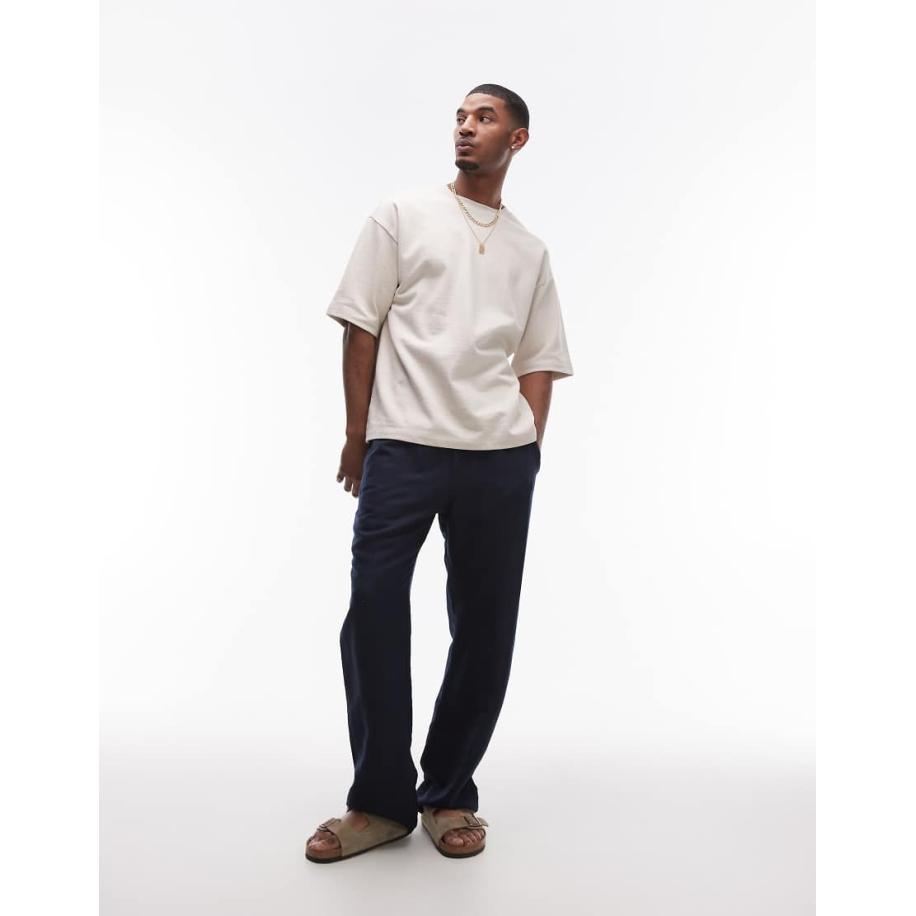 Topman - Broek met wijde pijpen van linnenmix in marineblauw Blauw