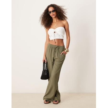 JDY Broek van linnenmix met wijde pijpen in kaki, deel van co-ord set-Groen