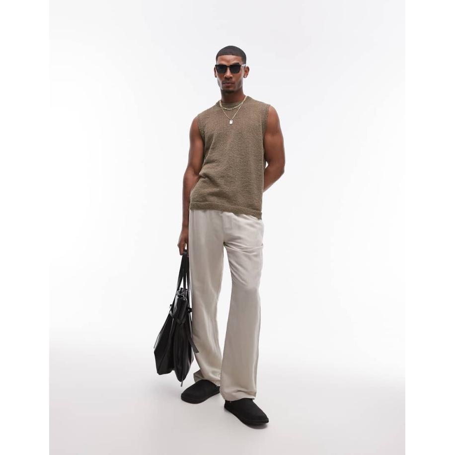 Topman - Broek van linnenmix met wijde pijpen in stone-Neutraal Multicolor