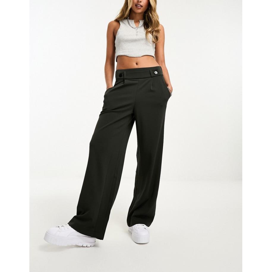 JDY Dad broek met wijde pijpen en knoopdetail in donkergroen-Grijs Grijs