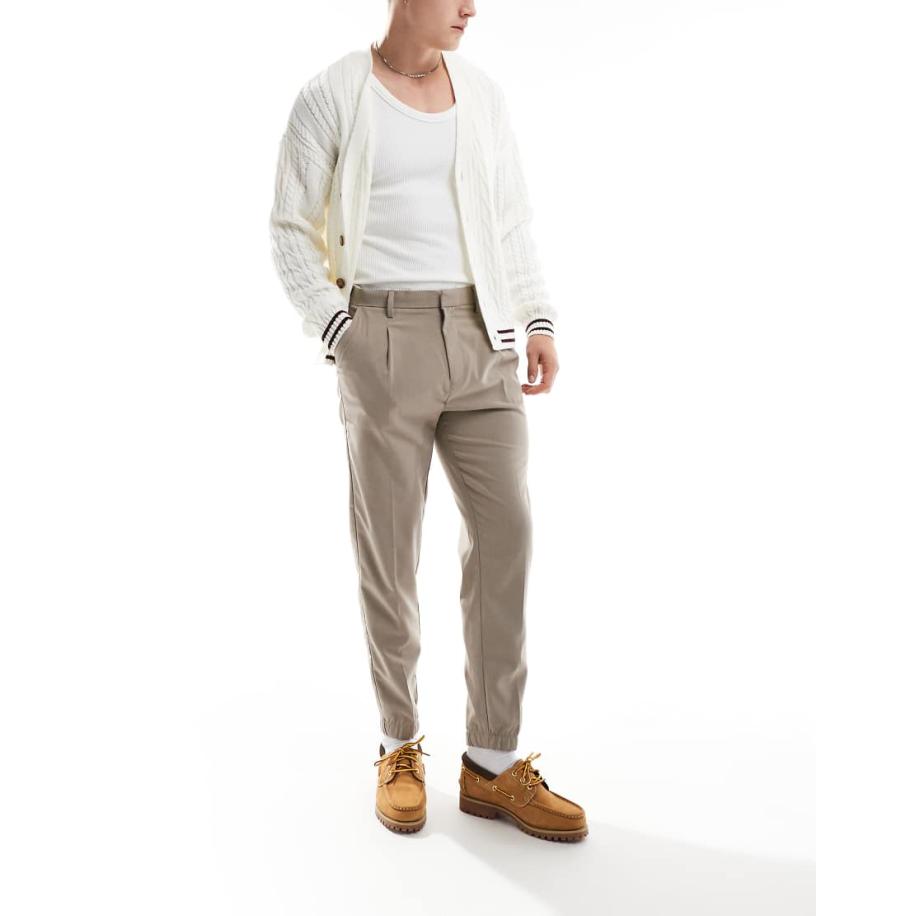 ASOS DESIGN - Nette toelopende broek met joggerboorden in stone-Neutraal Multicolor