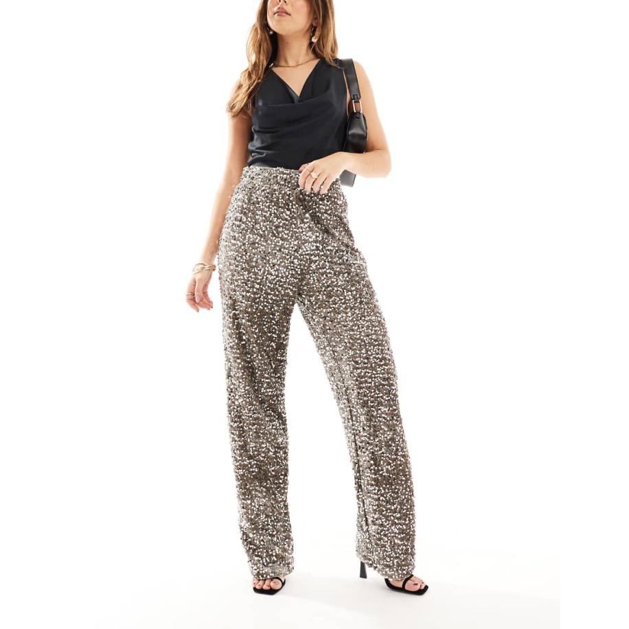 Pieces Broek van velour met wijde pijpen en lovertjes in taupe-Neutraal Multicolor