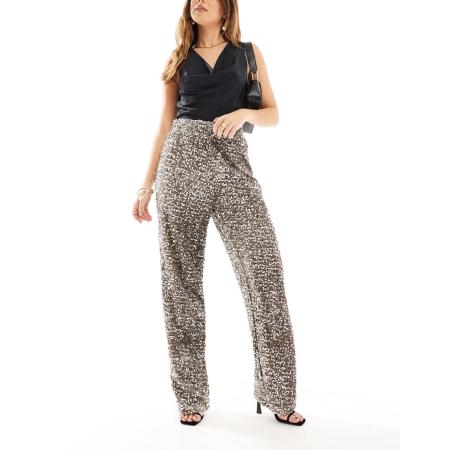 Pieces Broek van velour met wijde pijpen en lovertjes in taupe-Neutraal