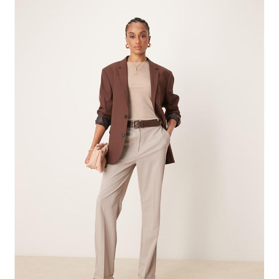 ASOS DESIGN Tall Elegante smalle rechte broek met riem en strepen in nertsbruin-Veelkleurig Multicolor