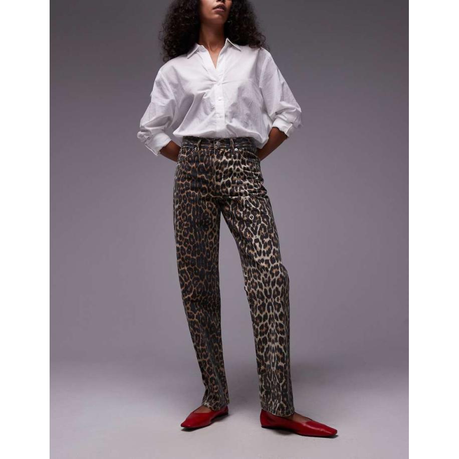 Topshop Broek met rechte pijpen, lange pasvorm en luipaardprint in multi-Veelkleurig Multicolor