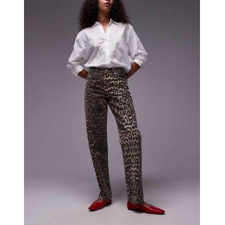 Topshop Broek met rechte pijpen, lange pasvorm en luipaardprint in multi-Veelkleurig