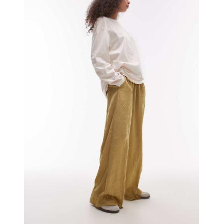 Topshop Broek met wijde pijpen van gekreukt satijn in champagne-Groen