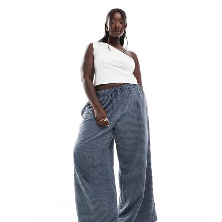 ASOS DESIGN Curve Broek van corduroy met wijde pijpen en elastische taille in blauw