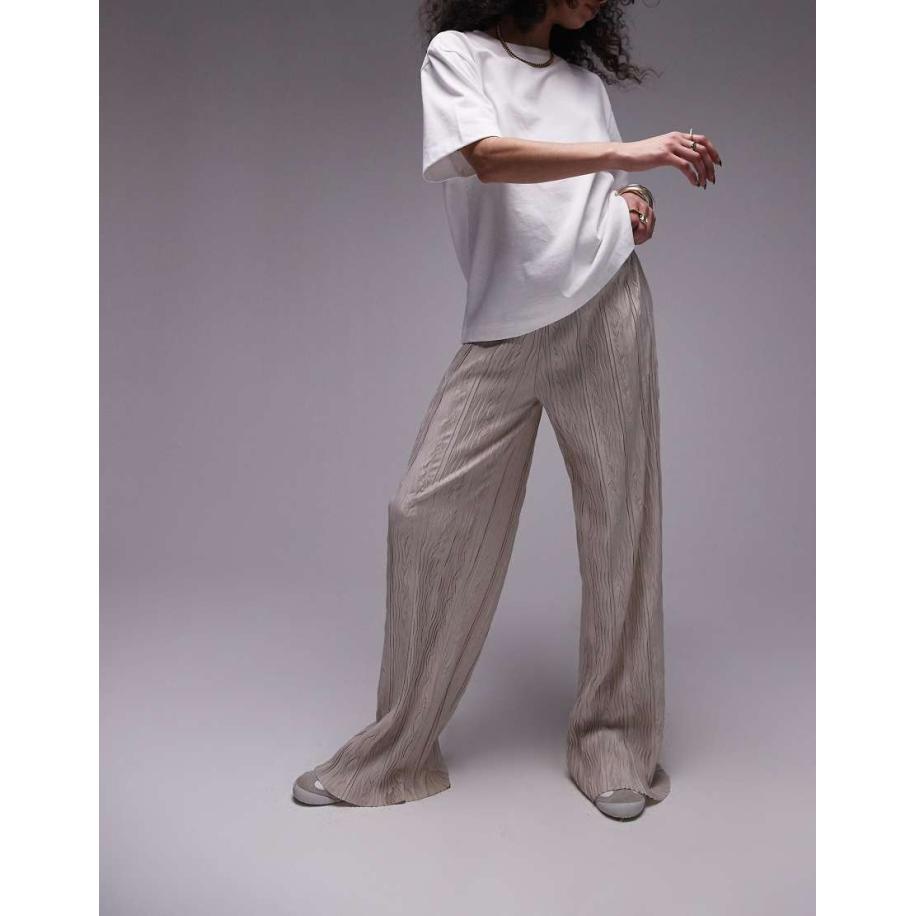 Topshop Plissé broek met wijde pijpen van kreukelstof in stone-Neutraal Multicolor