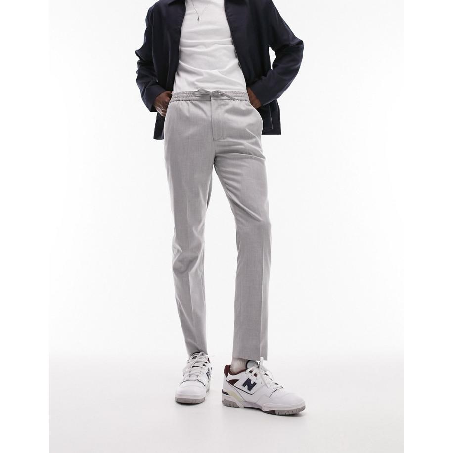 Topman - Skinny nette broek met elastische tailleband in lichtgrijs Grijs