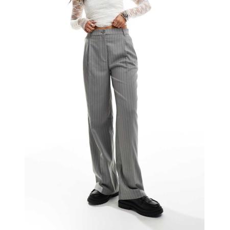 Monki Elegante broek met hoge taille in grijs met witte krijtstreep