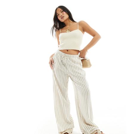 Stradivarius Petite Broek van linnenmix met elastische taille en strepen in beige-Neutraal