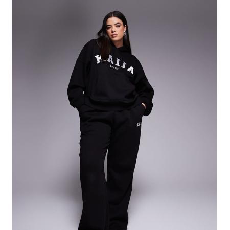 Kaiia Plus Joggingbroek met wijde pijpen in zwart, deel van co-ord set