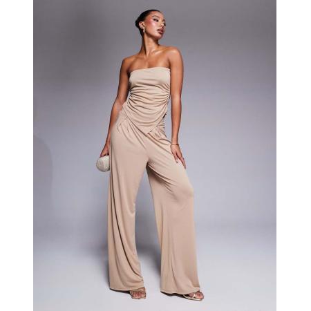 ASOS DESIGN Zachte geplooide broek met wijde pijpen in stone, deel van co-ord set-Neutraal