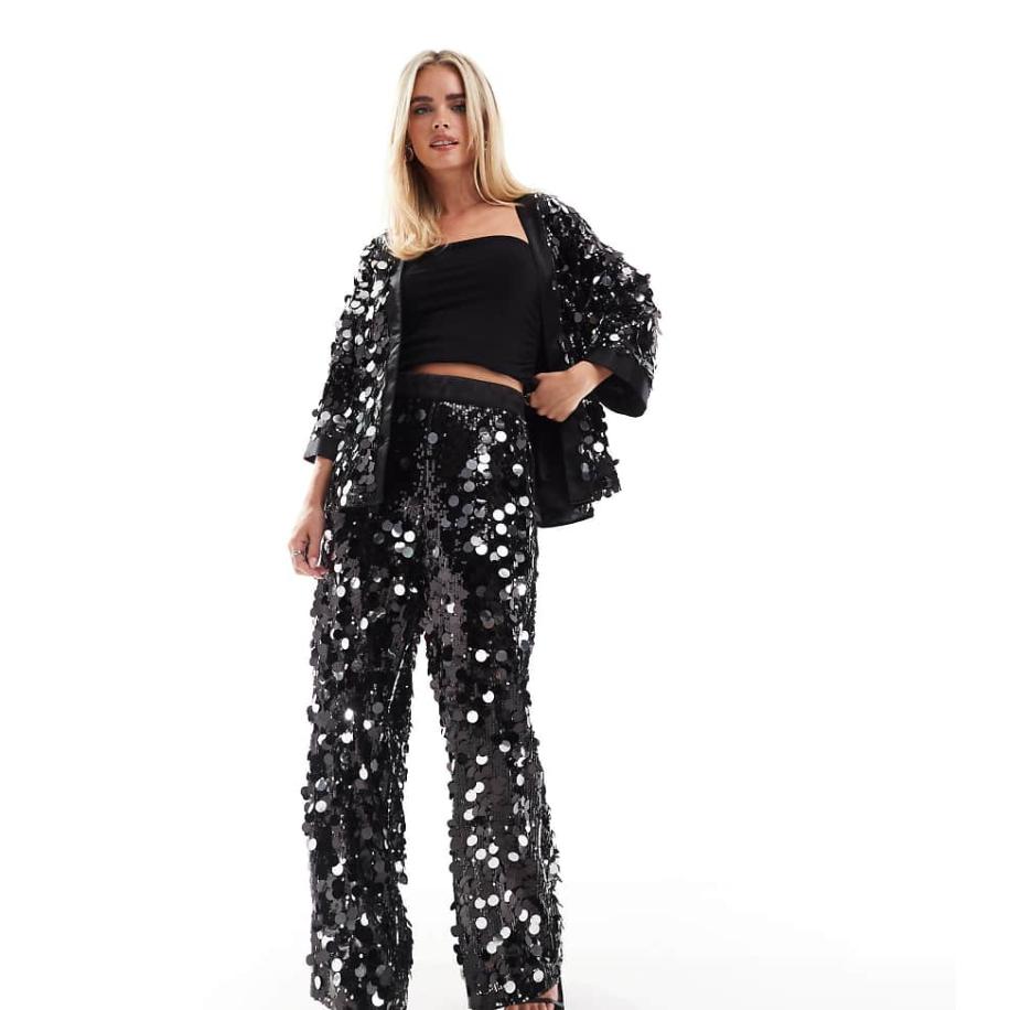 ASOS DESIGN Petite Elegante broek met discolovertjes in zwart Zwart