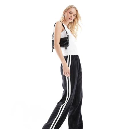 4th & Reckless Tall Broek met wijde pijpen en zijstreep in zwarte krijtstreep-Veelkleurig