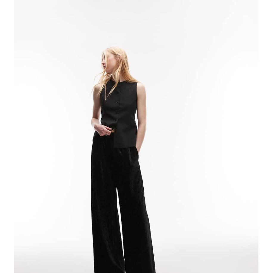 Topshop Tall Broek van gekreukt fluweel met wijde pijpen en skinny tailleband in zwart Zwart