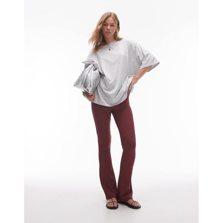 Topshop Skinny geribbelde flare-broek in bordeauxrood Rood