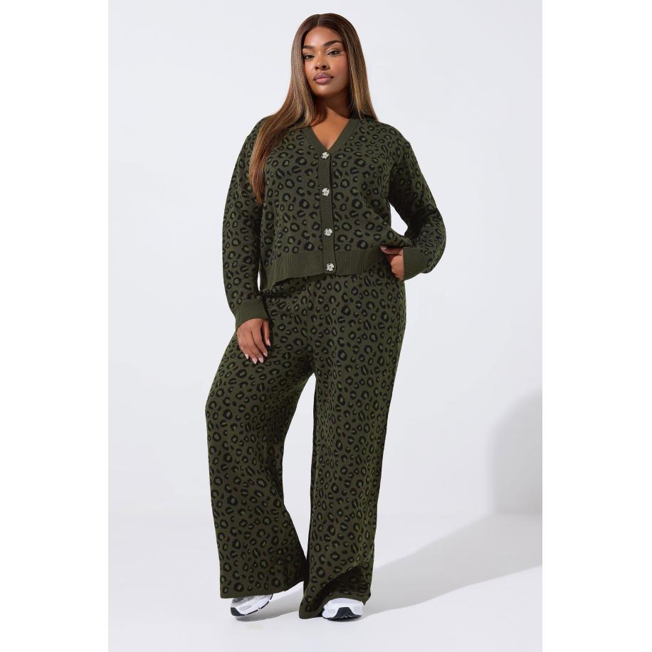 Limited Collection Curve Khaki Groene Luipaardprint Wijde Broek Size 54-56 Groen