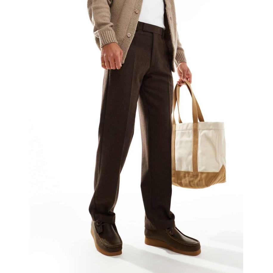 ASOS DESIGN - Nette broek van wolmix met rechte pijpen en visgraatmotief in bruin Bruin