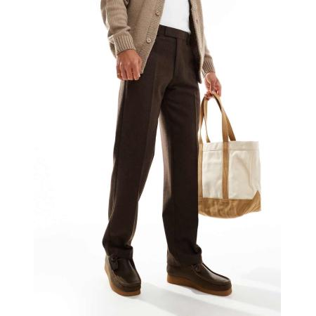 ASOS DESIGN - Nette broek van wolmix met rechte pijpen en visgraatmotief in bruin