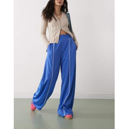 Monki Trainingsbroek met wijde pijpen, elastische taille en streep aan de voorkant in blauw