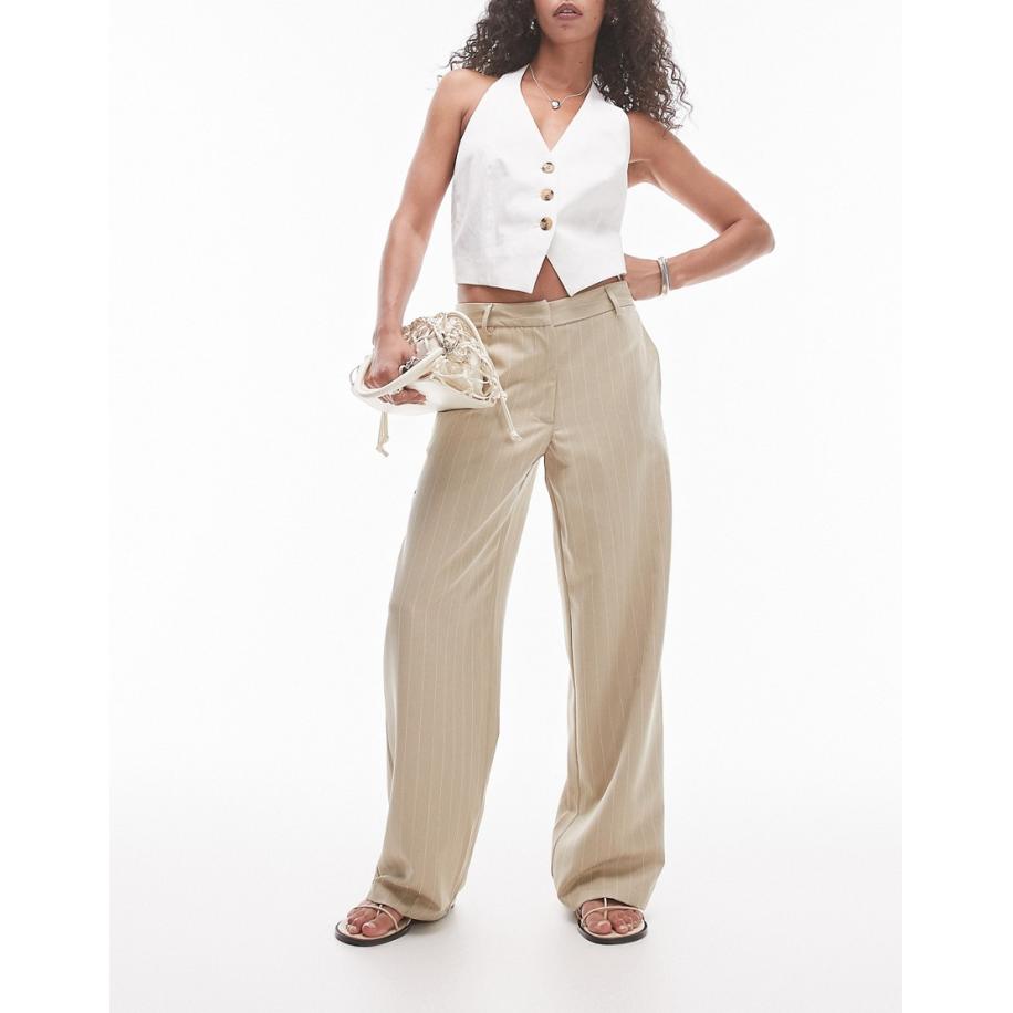 Topshop Gestreepte broek met lage taille in zandkleur-Groen Groen
