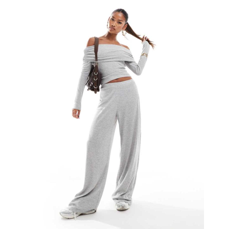 Kaiia Geribbelde broek met wijde pijpen in gemêleerd lichtgrijs, deel van co-ord set Grijs