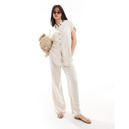 Pieces Linnen broek met wijde pijpen in crème, deel van co-ord set-Wit